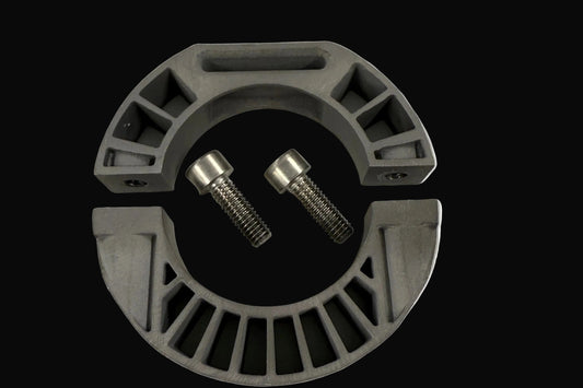 A pair of dark gray split ring components with ribbed inner slots and two small silver metal screws, shown on a plain white background.