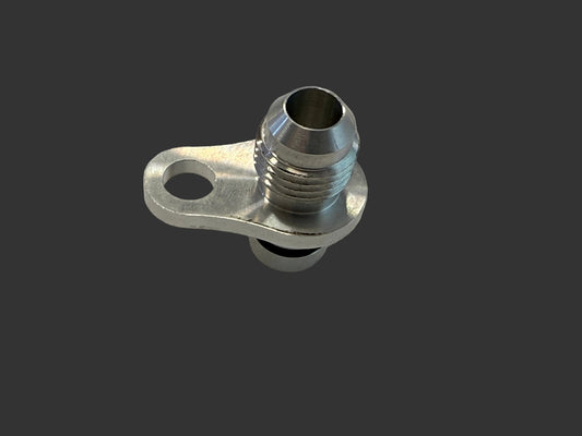 A metal coolant and oil turbo fitting with -6AN to O-ring connectors for BMW B48 and B58 engines.