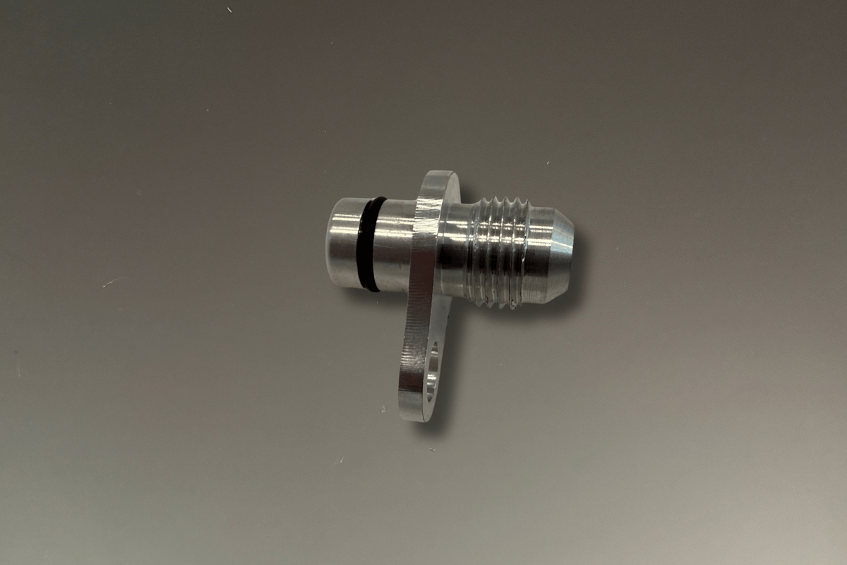 BMW B48 and B58 Coolant and Oil Turbo Fittings -6AN to O-ring - metal fittings with o-ring on a grey background